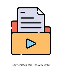 A folder with documents and a play button, indicating media files