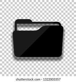Folder of documents, portfolio with files, business icon. Black glass icon with soft shadow on transparent background