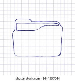 Folder of documents, portfolio with files, business icon. Hand drawn picture on paper sheet. Blue ink, outline sketch style. Doodle on checkered background