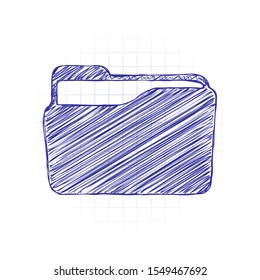 Folder of documents, portfolio with files, business icon. Hand drawn sketched picture with scribble fill. Blue ink. Doodle on white background