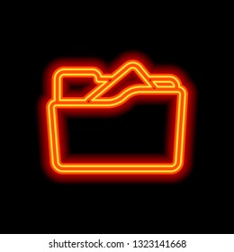 Folder of documents, portfolio with files, linear outline business icon. Orange neon style on black background. Light icon