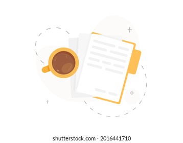 Folder with documents or task list and a cup of coffee. Workplace for work or study. Flat design isolated on white background