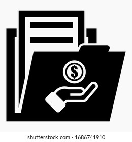 Icono de carpeta y dólar. Ilustración de un depósito bancario. Contrato. Documentos financieros. La concesión de crédito. Icono del vector.