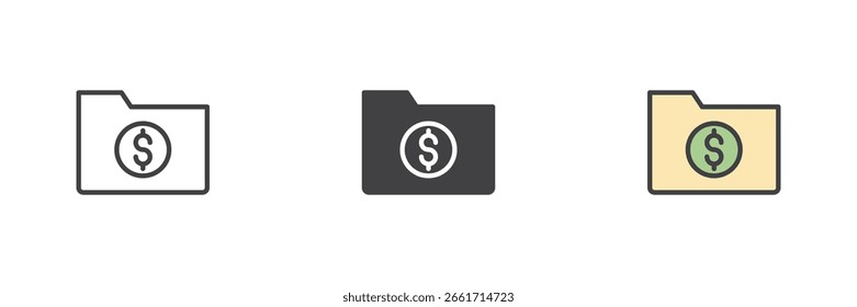 Folder with dollar symbol icon set in line, solid and colorful filled outline style. Finance storage, banking documents and savings vector icon sign.
