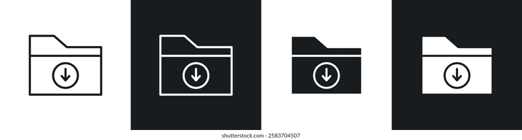 Folder download icons collection in black and white filled and line versions