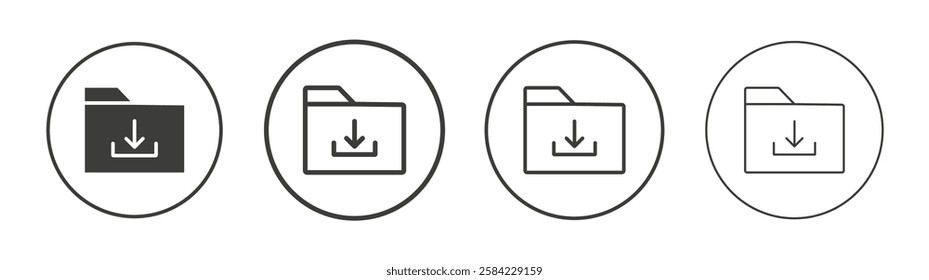 Folder download icons set. Liner outlined and flat black color