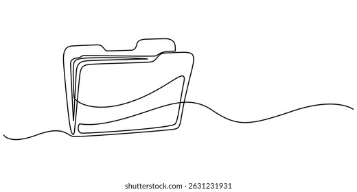 Pasta desenhada por uma única linha sobre um fundo branco. Desenho de uma linha. Linha contínua, Um desenho de vetor de linha contínua de uma pasta. Ícone do plano de fundo dos documentos de estrutura de tópicos. Salvando ícone de vetor de títulos