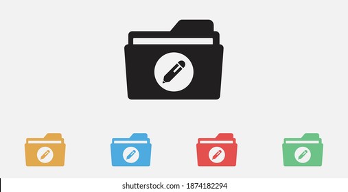 Folder edit icon. Vector illustration icon. Edit folder sign icon. Edit content button. Folder with edit symbol. Set of colorful flat design icons