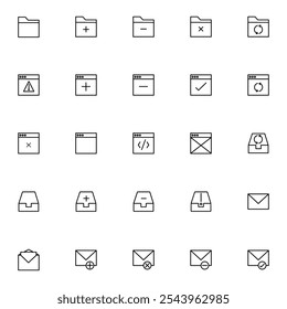 Folder, file, and coding interface icon set. Includes icons for documents, email, internet, programming, storage, user, and warning, ideal for digital and web applications.