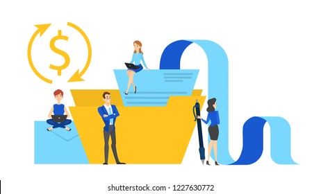 Folder file with document and financial data. Idea of office work, data storage and organization. Business people work in team. Vector flat illustration