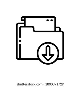 Folder, file, document, paper with down arrow outline icons. Vector illustration. Editable stroke. Isolated icon suitable for web, infographics, interface and apps.