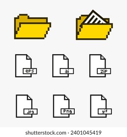 Folder and file icon pixel art, set of pixel icon file folders web 8bit style.