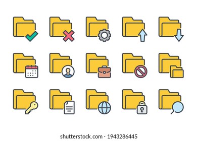 Folder and File Management color line icon set. Archive settings linear icons. Document organization colorful outline vector sign collection.