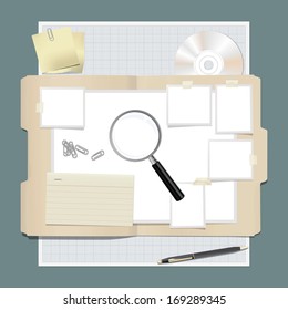 folder file with paper and magnifying glass collection set.