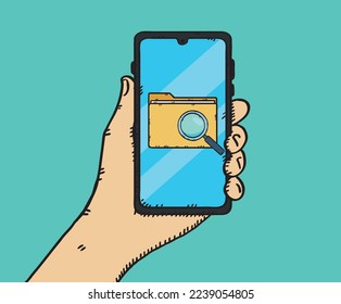 Folder file and file search magnifier displays on the screen of the phone held in the user's hand. Hand-drawn vector  illustration.
