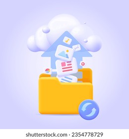 Folder with files and cloud storage synchronisation, file transfer. 3d icon set for landing page. Three dimensional vector illustration collection for website, print, banner, software, application