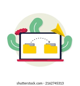 Folder with files. File transfer concept. Yellow folder with document on monitor. Icon for web design, apps, poster, banner, media social post, printing usage and part of logo.
