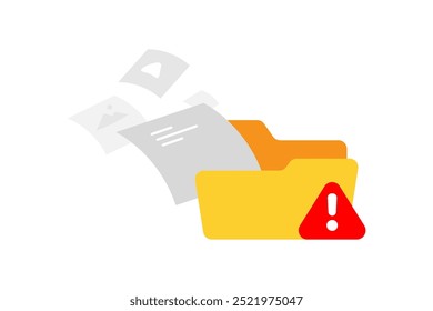 folder files flying out, risk of data loss due to absence of proper backups. for data management, cloud storage, or system security. regular data backup to avoid accidental corruption