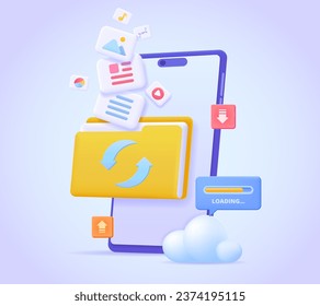 Folder with files update, remote folder, upload and download data in cloud online, refresh data. 3d design concept for landing page. Three dimensional vector illustration for website, print, banner