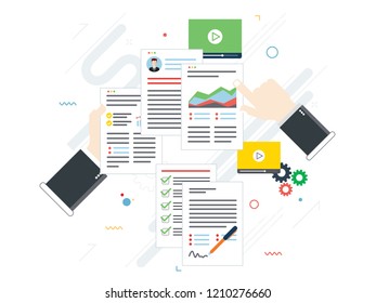Folder with finance documents, data file, video and photo. Hands with data sheets in analysis. Contract agreement signature. Business paperwork organization concept in flat design vector illustration.