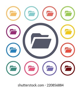 folder flat icons set. Open round colorful buttons. Vector 