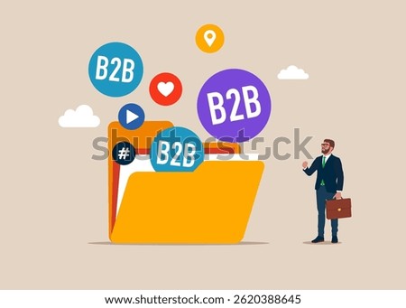 From folder flying social media network ads and internet. SMM, Internet notification. B2B word in speech bubble. B2B marketing. Modern vector illustration in flat style