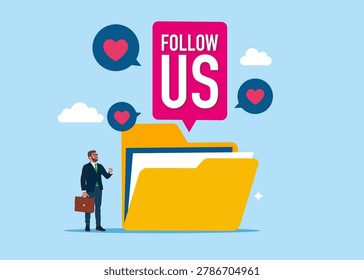 Folder with Follow us banner. Organize document files into archive folders. Flat vector illustration. 