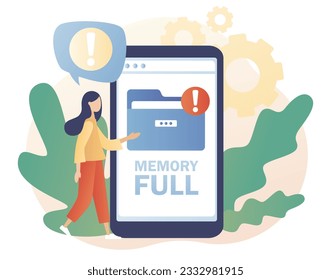 Folder full on smartphone. Memory space full notification. Cleaning mobile phone memory or storage. Modern flat cartoon style. Vector illustration on white background