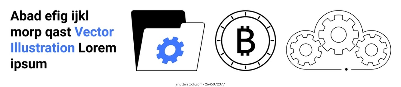 Folder with gear icon, Bitcoin logo in circle, interconnected gears, and sample text. Ideal for blockchain, digital currency, file management, technology, innovation, automation, and data processing