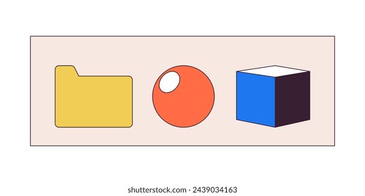 Ordner und geometrische Formen 2D lineare Cartoon-Objekte. Digitale Tools. Web-Design-Struktur isolierte Linie Vektor-Elemente weißen Hintergrund. Software-Entwicklung Farb-flache Spot-Illustration
