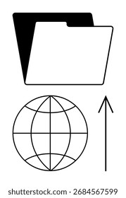Pasta, globo e seta para cima significando transferência de dados e compartilhamento de arquivos. Ideal para conectividade global, armazenamento em nuvem, comunicação digital, Web, serviços v10, segurança on-line, rede
