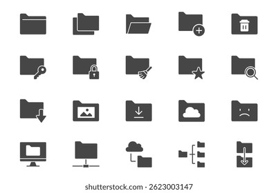 Folder glyph icons. Vector illustration include icon - file, copy, erase, download, network, lock, document, browse silhouette pictogram for computer catalog.