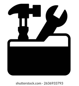 Folder with hammer and wrench solid icon, architect studio concept. Vector graphics. Repair tools sign on white background, style mobile or design