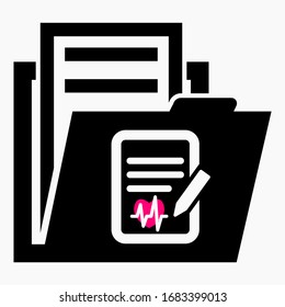 Folder and heart icon. Cardiogram archive of the heart. Outpatient patient book. Accounting for diseases. Receptions. Medical server. Vector icon.