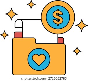 Ein Ordner mit einem Herz darauf ist offen und ein Dollarzeichen wird darüber platziert. Das Dollarzeichen ist von einer funkelnden Grenze umgeben, was dem Ordner ein festliches und feierliches Gefühl gibt