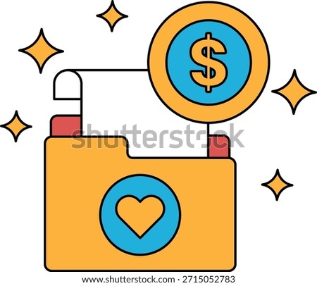 A folder with a heart on it is open and a dollar sign is placed on top of it. The dollar sign is surrounded by a sparkly border, giving the folder a festive and celebratory feel