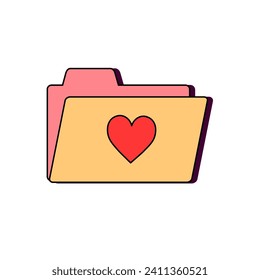Folder with  heart on the outside, symbolizing  favorite folder. Element for Valentine's Day. Love and romance. Retro style. Vector illustration isolated on white background.