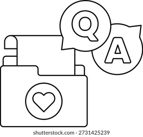Una carpeta con un corazón en ella y un signo de interrogación y una A en ella. La carpeta está abierta y el corazón está en la esquina superior izquierda
