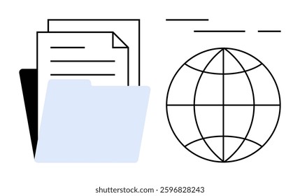 Folder holding documents and a globe icon representing global networking and digital management. Ideal for digital organization, internet, global business, data management, information sharing