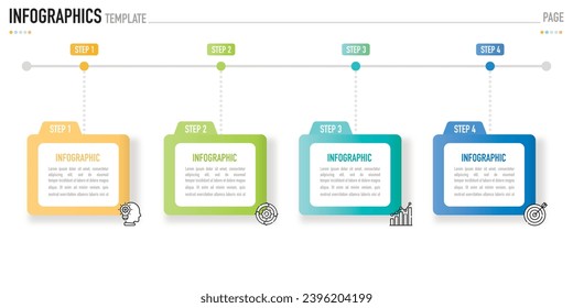 Infografische Ordnervorlage oder Element mit 4 Schritten, Prozess, Option, bunter Rechteck-Taste, Etikett, Symbole, PapierOrigami, minimaler, moderner Stil für den Verkauf eines Diagramms