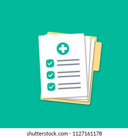 Folder with hospital documents. Doctor paperwork. Medical test results. Insurance forms illustration in flat style.