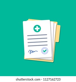 Folder with hospital documents. Doctor paperwork. Hospital documents. Medical insurance forms in flat style.