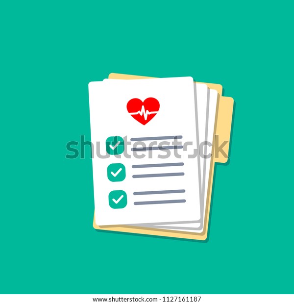 Folder with hospital documents. Doctor paperwork.\
Medical test results with heartbeat icon. Insurance forms\
illustration in flat\
style.