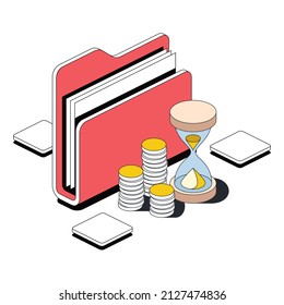 Folder, hourglass and coins. Vector 3d sketch line isometric style, color icon illustration. Creative design idea and infographics elements.
