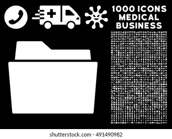 Folder icon with 1000 medical commerce white vector pictographs. Set style is flat symbols, black background.