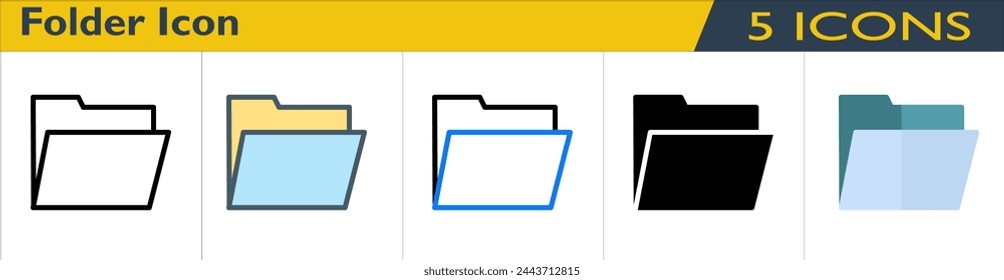 Icono de carpeta con 5 estilos (contorno, línea de color, contorno de color, sólido y color)