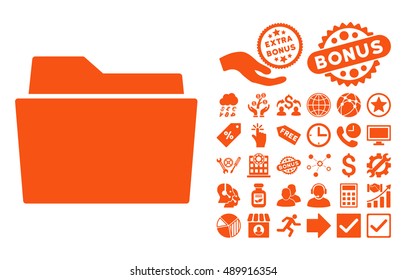 Folder icon with bonus clip art. Vector illustration style is flat iconic symbols, orange color, white background.