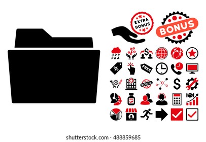 Folder icon with bonus pictogram. Vector illustration style is flat iconic bicolor symbols, intensive red and black colors, white background.