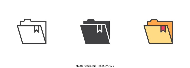 Folder icon with bookmark tab in line, solid and filled outline style. Vector icon set ideal for file organization and saving. Color and glyph symbol pack.