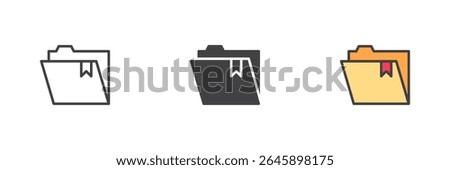 Folder icon with bookmark tab in line, solid and filled outline style. Vector icon set ideal for file organization and saving. Color and glyph symbol pack.